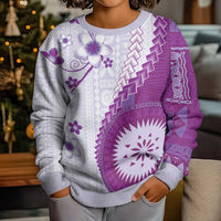 Bula Fiji Kid Ugly Christmas Sweater Violet Plumeria Masi Tapa Pattern LT05 - Polynesian Pride