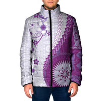 Bula Fiji Padded Jacket Violet Plumeria Masi Tapa Pattern LT05 Men Violet - Polynesian Pride