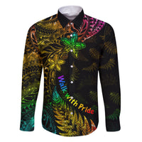 Personalised New Zealand Wellington Pride Family Matching Short Sleeve Bodycon Dress and Hawaiian Shirt Rainbow Silver Fern Paua Shell LT05 Dad's Shirt - Long Sleeve Black - Polynesian Pride