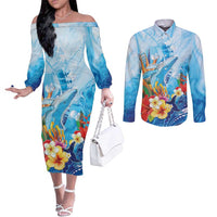 Polynesia Humpback Whale Couples Matching Off The Shoulder Long Sleeve Dress and Long Sleeve Button Shirt Ocean Style