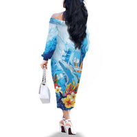 Polynesia Humpback Whale Family Matching Off The Shoulder Long Sleeve Dress and Hawaiian Shirt Ocean Style