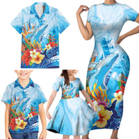Polynesia Humpback Whale Family Matching Short Sleeve Bodycon Dress and Hawaiian Shirt Ocean Style