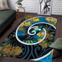 New Zealand Tui Bird Area Rug Maori Koru With Kowhai Flowers LT05 Black - Polynesian Pride