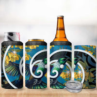 New Zealand Tui Bird 4 in 1 Can Cooler Tumbler Maori Koru With Kowhai Flowers