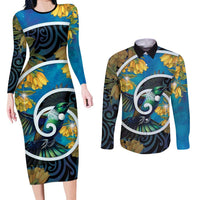 New Zealand Tui Bird Couples Matching Long Sleeve Bodycon Dress and Long Sleeve Button Shirt Maori Koru With Kowhai Flowers