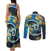 New Zealand Tui Bird Couples Matching Tank Maxi Dress and Long Sleeve Button Shirt Maori Koru With Kowhai Flowers