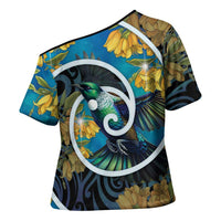 New Zealand Tui Bird Cross Shoulder Shirt Maori Koru With Kowhai Flowers