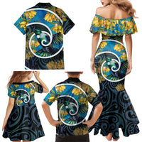 New Zealand Tui Bird Family Matching Mermaid Dress and Hawaiian Shirt Maori Koru With Kowhai Flowers LT05 - Polynesian Pride