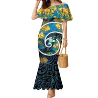 New Zealand Tui Bird Family Matching Mermaid Dress and Hawaiian Shirt Maori Koru With Kowhai Flowers LT05 Mom's Dress Black - Polynesian Pride