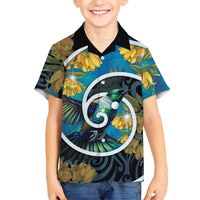New Zealand Tui Bird Family Matching Mermaid Dress and Hawaiian Shirt Maori Koru With Kowhai Flowers LT05 Son's Shirt Black - Polynesian Pride