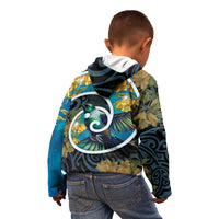 New Zealand Tui Bird Kid Hoodie Maori Koru With Kowhai Flowers