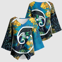 New Zealand Tui Bird Kimono Sleeve Blouse Maori Koru With Kowhai Flowers