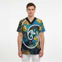 New Zealand Tui Bird Scrub Top Maori Koru With Kowhai Flowers
