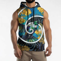 New Zealand Tui Bird Sleeveless Hoodie Maori Koru With Kowhai Flowers