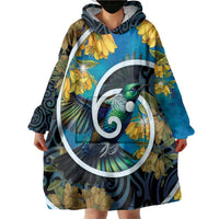 New Zealand Tui Bird Wearable Blanket Hoodie Maori Koru With Kowhai Flowers