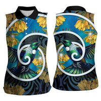 New Zealand Tui Bird Women Sleeveless Polo Shirt Maori Koru With Kowhai Flowers