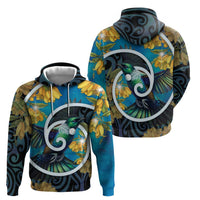 New Zealand Tui Bird Zip Hoodie Maori Koru With Kowhai Flowers