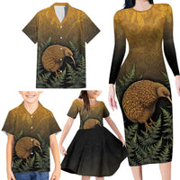 New Zealand Kiwi Bird Family Matching Long Sleeve Bodycon Dress and Hawaiian Shirt Silver Fern Mix Maori Pattern