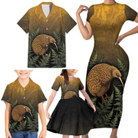 New Zealand Kiwi Bird Family Matching Short Sleeve Bodycon Dress and Hawaiian Shirt Silver Fern Mix Maori Pattern