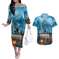 Hawaii Memorial Day Lantern Floating Couples Matching Off The Shoulder Long Sleeve Dress and Hawaiian Shirt Always In Our Hearts