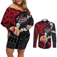 Tahiti Heiva Festival Couples Matching Off Shoulder Short Dress and Long Sleeve Button Shirt Floral Pattern With Coat Of Arms LT05 Black - Polynesian Pride