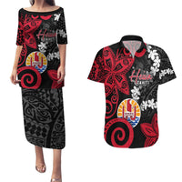 Tahiti Heiva Festival Couples Matching Puletasi and Hawaiian Shirt Floral Pattern With Coat Of Arms LT05 Black - Polynesian Pride