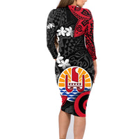 Tahiti Heiva Festival Family Matching Long Sleeve Bodycon Dress and Hawaiian Shirt Floral Pattern With Coat Of Arms
