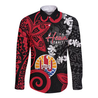 Tahiti Heiva Festival Long Sleeve Button Shirt Floral Pattern With Coat Of Arms LT05 Unisex Black - Polynesian Pride