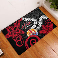 Tahiti Heiva Festival Rubber Doormat Floral Pattern With Coat Of Arms LT05 Black - Polynesian Pride