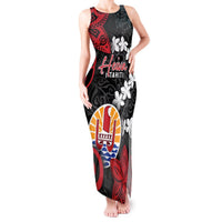 Tahiti Heiva Festival Tank Maxi Dress Floral Pattern With Coat Of Arms LT05 Women Black - Polynesian Pride