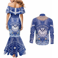 Marshall Islands Jemenei Day Couples Matching Mermaid Dress and Long Sleeve Button Shirt Polynesian Tribal Tattoo Seashell Necklace