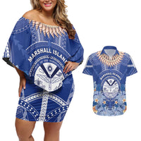 Marshall Islands Jemenei Day Couples Matching Off Shoulder Short Dress and Hawaiian Shirt Polynesian Tribal Tattoo Seashell Necklace