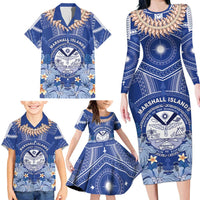 Marshall Islands Jemenei Day Family Matching Long Sleeve Bodycon Dress and Hawaiian Shirt Polynesian Tribal Tattoo Seashell Necklace