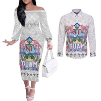 Guam Chamorro Liberation Day Couples Matching Off The Shoulder Long Sleeve Dress and Long Sleeve Button Shirt 82nd Anniversary LT05 White - Polynesian Pride