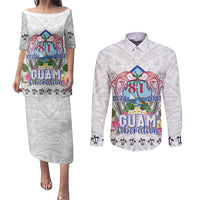 Guam Chamorro Liberation Day Couples Matching Puletasi and Long Sleeve Button Shirt 82nd Anniversary LT05 White - Polynesian Pride