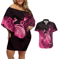 Personalised Cancer Fighter Couples Matching Off Shoulder Short Dress and Hawaiian Shirt I Beat Cancer LT05 Pink - Polynesian Pride