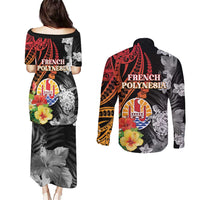 French Polynesia Bastille Day Couples Matching Puletasi and Long Sleeve Button Shirt Tropical Turtle Hibiscus Polynesian Pattern