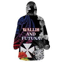 Wallis and Futuna Bastille Day Wearable Blanket Hoodie Tropical Turtle Hibiscus Polynesian Pattern