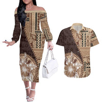 Samoa Siapo Elegant Couples Matching Off The Shoulder Long Sleeve Dress and Hawaiian Shirt Hibiscus Chocolate Brown Motifs - Polynesian Pride