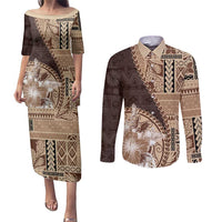 Samoa Siapo Elegant Couples Matching Puletasi and Long Sleeve Button Shirt Hibiscus Chocolate Brown Motifs - Polynesian Pride