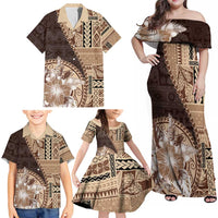 Samoa Siapo Elegant Family Matching Off Shoulder Maxi Dress and Hawaiian Shirt Hibiscus Chocolate Brown Motifs - Polynesian Pride