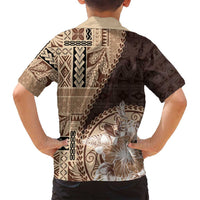 Samoa Siapo Elegant Family Matching Off Shoulder Short Dress and Hawaiian Shirt Hibiscus Chocolate Brown Motifs - Polynesian Pride