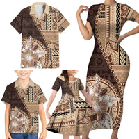 Samoa Siapo Elegant Family Matching Short Sleeve Bodycon Dress and Hawaiian Shirt Hibiscus Chocolate Brown Motifs - Polynesian Pride