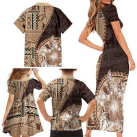 Samoa Siapo Elegant Family Matching Short Sleeve Bodycon Dress and Hawaiian Shirt Hibiscus Chocolate Brown Motifs - Polynesian Pride
