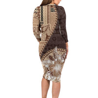 Samoa Siapo Elegant Long Sleeve Bodycon Dress Hibiscus Chocolate Brown Motifs - Polynesian Pride
