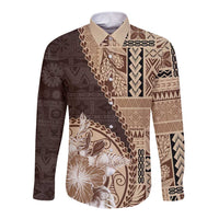 Samoa Siapo Elegant Long Sleeve Button Shirt Hibiscus Chocolate Brown Motifs - Polynesian Pride
