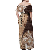 Samoa Siapo Elegant Off Shoulder Maxi Dress Hibiscus Chocolate Brown Motifs - Polynesian Pride