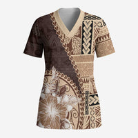 Samoa Siapo Elegant Scrub Top Hibiscus Chocolate Brown Motifs LT05 Adult Brown - Polynesian Pride