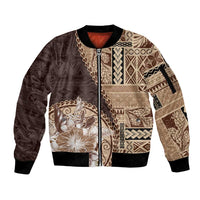 Samoa Siapo Elegant Sleeve Zip Bomber Jacket Hibiscus Chocolate Brown Motifs - Polynesian Pride