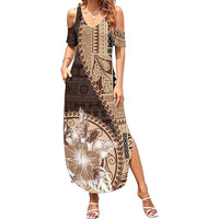 Samoa Siapo Elegant Summer Maxi Dress Hibiscus Chocolate Brown Motifs - Polynesian Pride